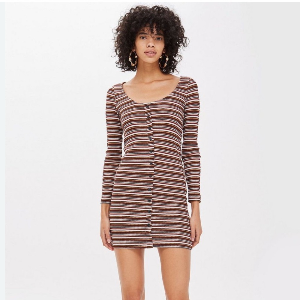 Topshop Black and Cream Striped Long Sleeve Scoop Neck Mini Dress